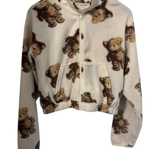 Women’s Cropped Teddy Bear Zip Up Jacket, Pockets, Elastic Waist, Ivory  Size S